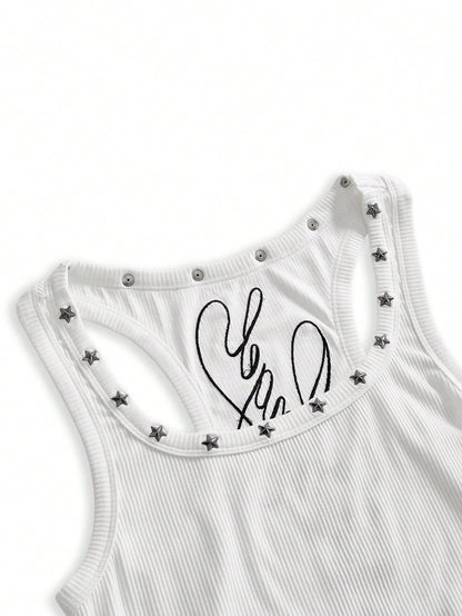 ROMWE Y2K Women's Retro Music Festival Sexy All-Match Versatile English Logo Embroidered Star Rivet Decor U-Neck Tank Top