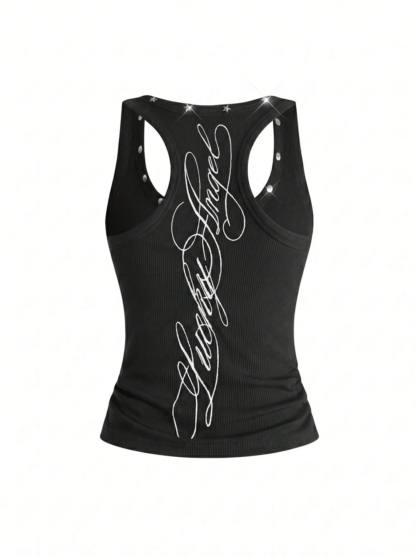 ROMWE Y2K Women's Retro Music Festival Sexy All-Match Versatile English Logo Embroidered Star Rivet Decor U-Neck Tank Top