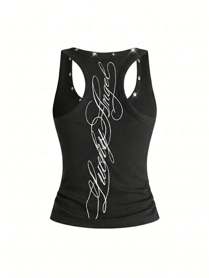 ROMWE Y2K Women's Retro Music Festival Sexy All-Match Versatile English Logo Embroidered Star Rivet Decor U-Neck Tank Top