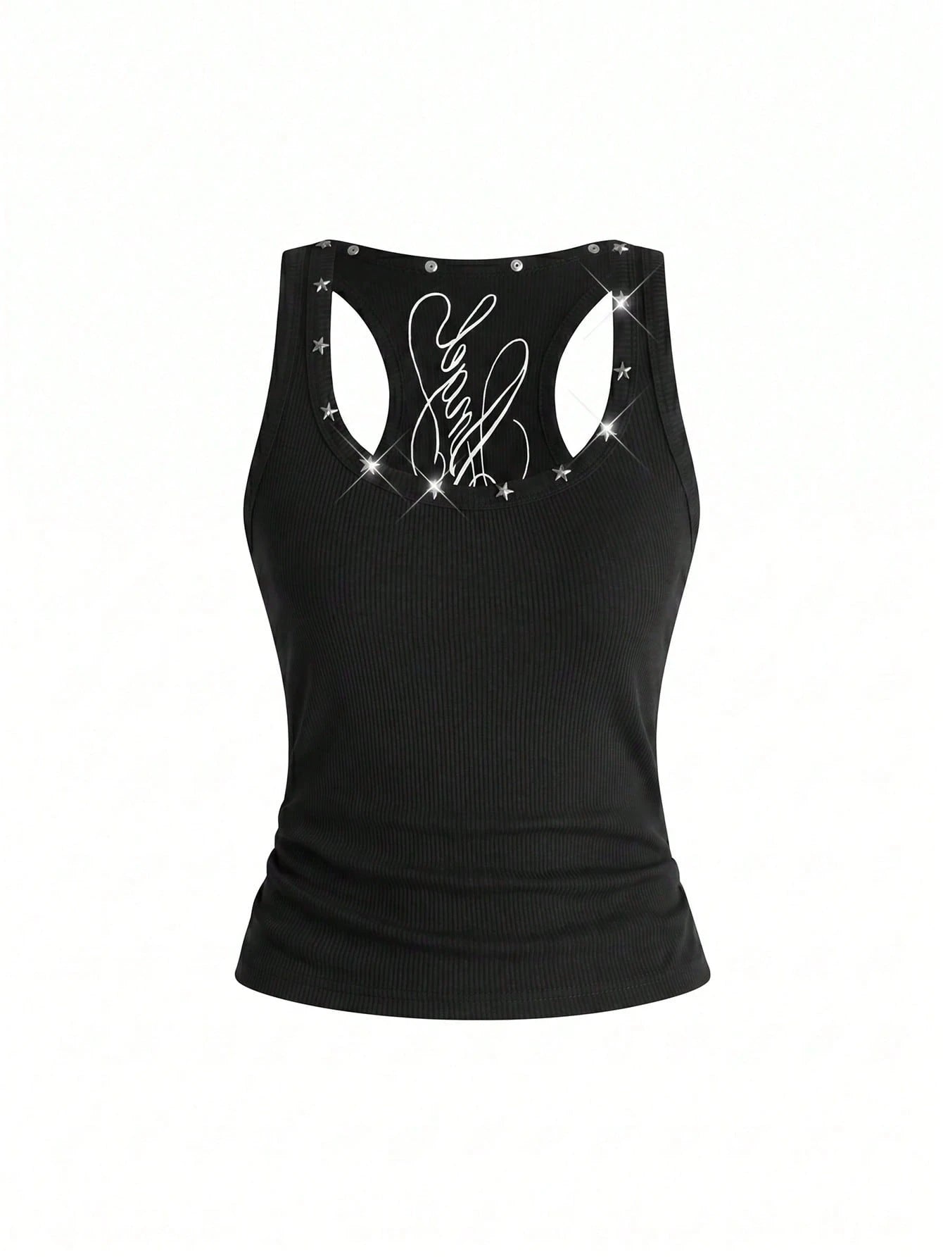 ROMWE Y2K Women's Retro Music Festival Sexy All-Match Versatile English Logo Embroidered Star Rivet Decor U-Neck Tank Top