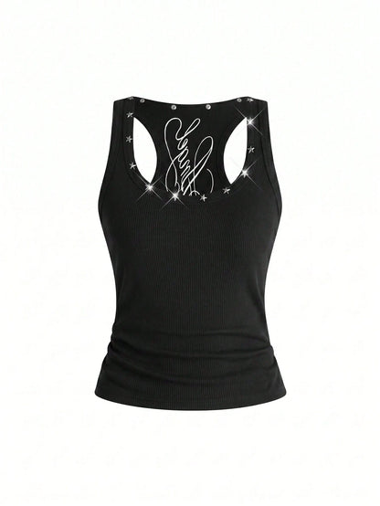ROMWE Y2K Women's Retro Music Festival Sexy All-Match Versatile English Logo Embroidered Star Rivet Decor U-Neck Tank Top