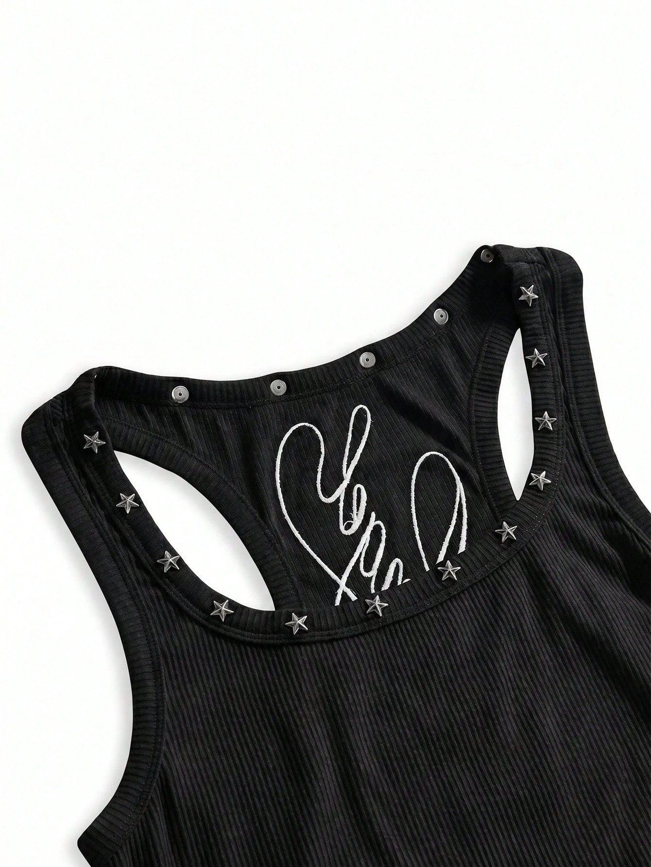 ROMWE Y2K Women's Retro Music Festival Sexy All-Match Versatile English Logo Embroidered Star Rivet Decor U-Neck Tank Top