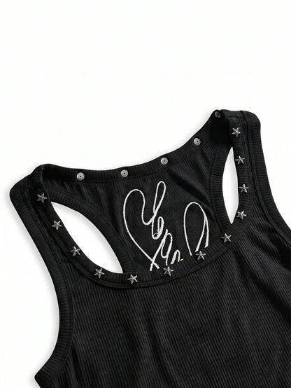 ROMWE Y2K Women's Retro Music Festival Sexy All-Match Versatile English Logo Embroidered Star Rivet Decor U-Neck Tank Top