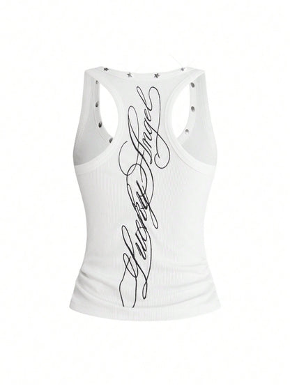 ROMWE Y2K Women's Retro Music Festival Sexy All-Match Versatile English Logo Embroidered Star Rivet Decor U-Neck Tank Top