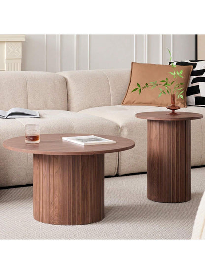 Round Nesting Coffee Tables Set Of 2, Boho Wood Circle Side Table Fluted Drum, Farmhouse End Table For Living Room Bedroom, Apartment