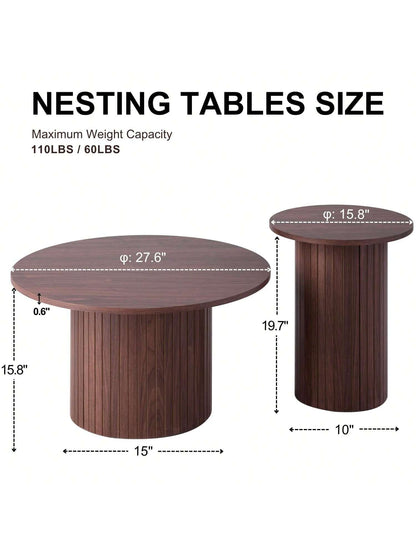 Round Nesting Coffee Tables Set Of 2, Boho Wood Circle Side Table Fluted Drum, Farmhouse End Table For Living Room Bedroom, Apartment