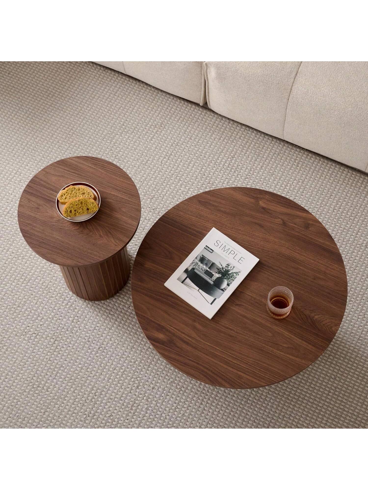 Round Nesting Coffee Tables Set Of 2, Boho Wood Circle Side Table Fluted Drum, Farmhouse End Table For Living Room Bedroom, Apartment