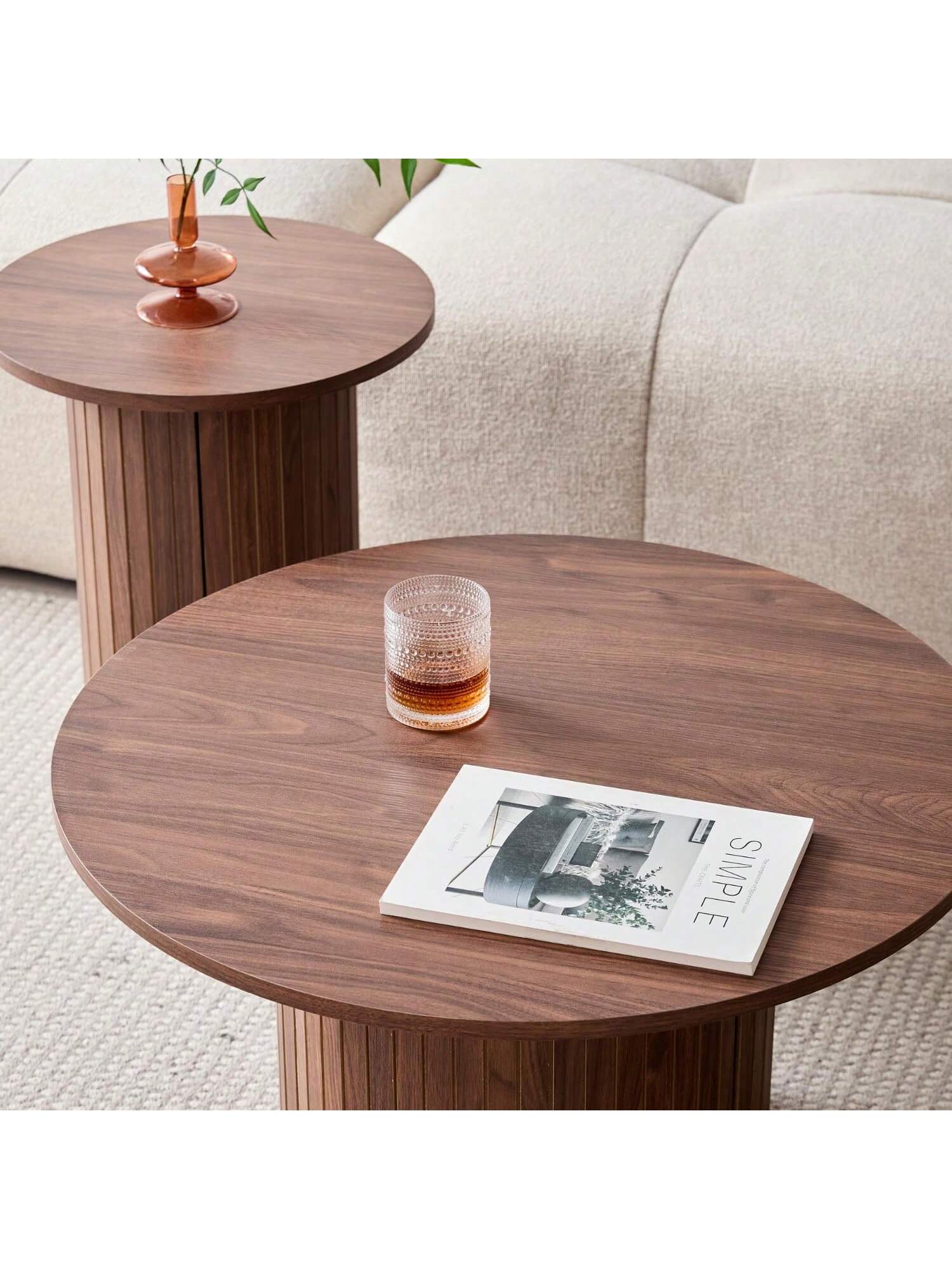 Round Nesting Coffee Tables Set Of 2, Boho Wood Circle Side Table Fluted Drum, Farmhouse End Table For Living Room Bedroom, Apartment