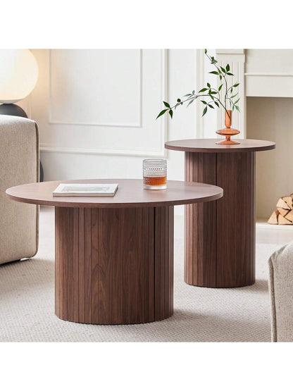 Round Nesting Coffee Tables Set Of 2, Boho Wood Circle Side Table Fluted Drum, Farmhouse End Table For Living Room Bedroom, Apartment
