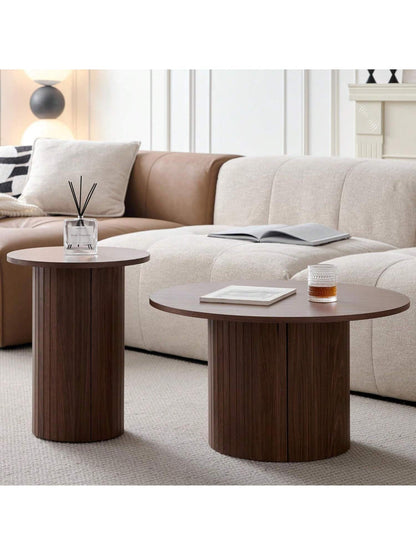 Round Nesting Coffee Tables Set Of 2, Boho Wood Circle Side Table Fluted Drum, Farmhouse End Table For Living Room Bedroom, Apartment