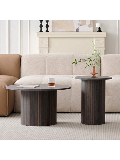 Round Nesting Coffee Tables Set Of 2, Boho Wood Circle Side Table Fluted Drum, Farmhouse End Table For Living Room Bedroom, Apartment