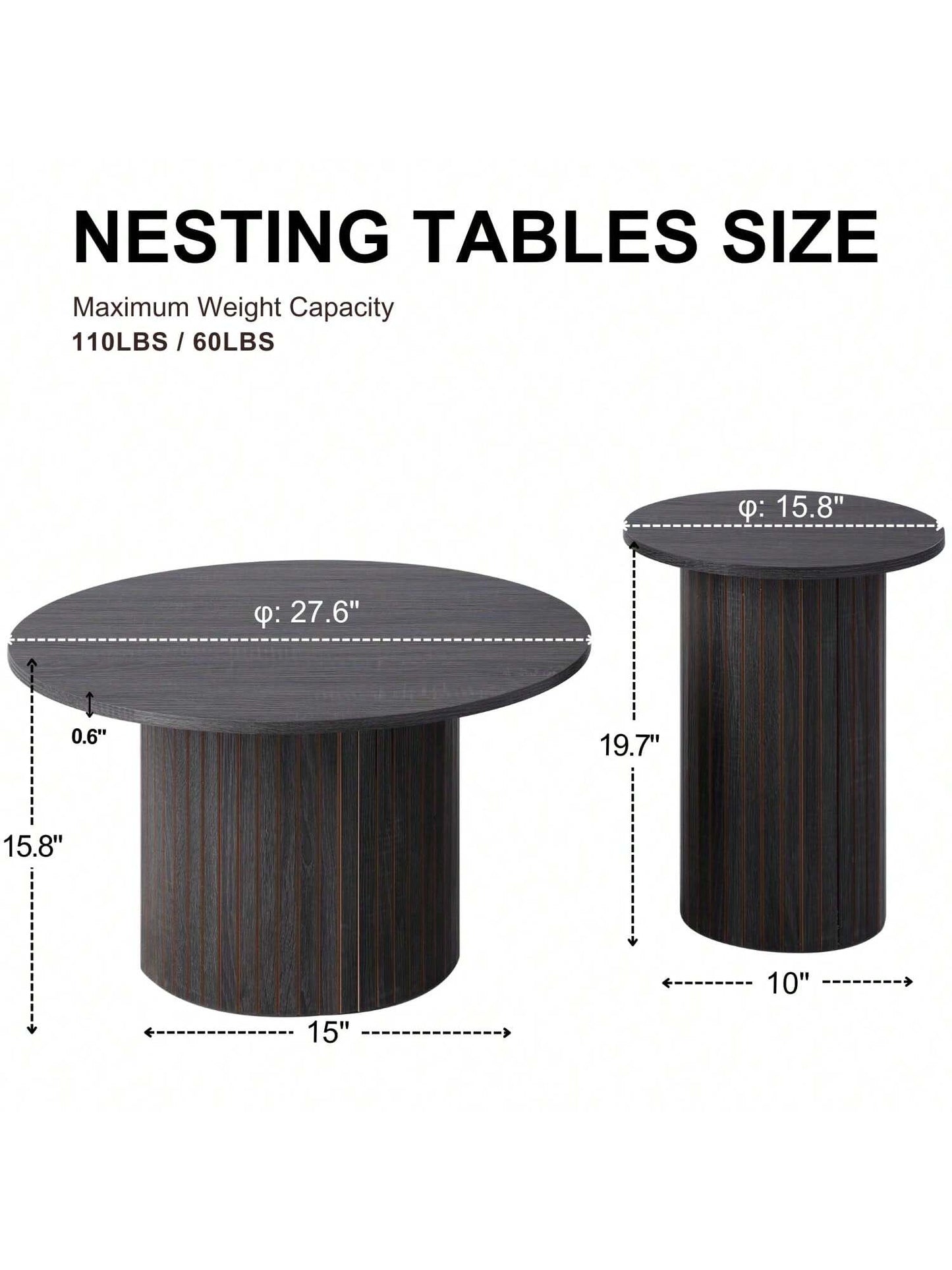 Round Nesting Coffee Tables Set Of 2, Boho Wood Circle Side Table Fluted Drum, Farmhouse End Table For Living Room Bedroom, Apartment