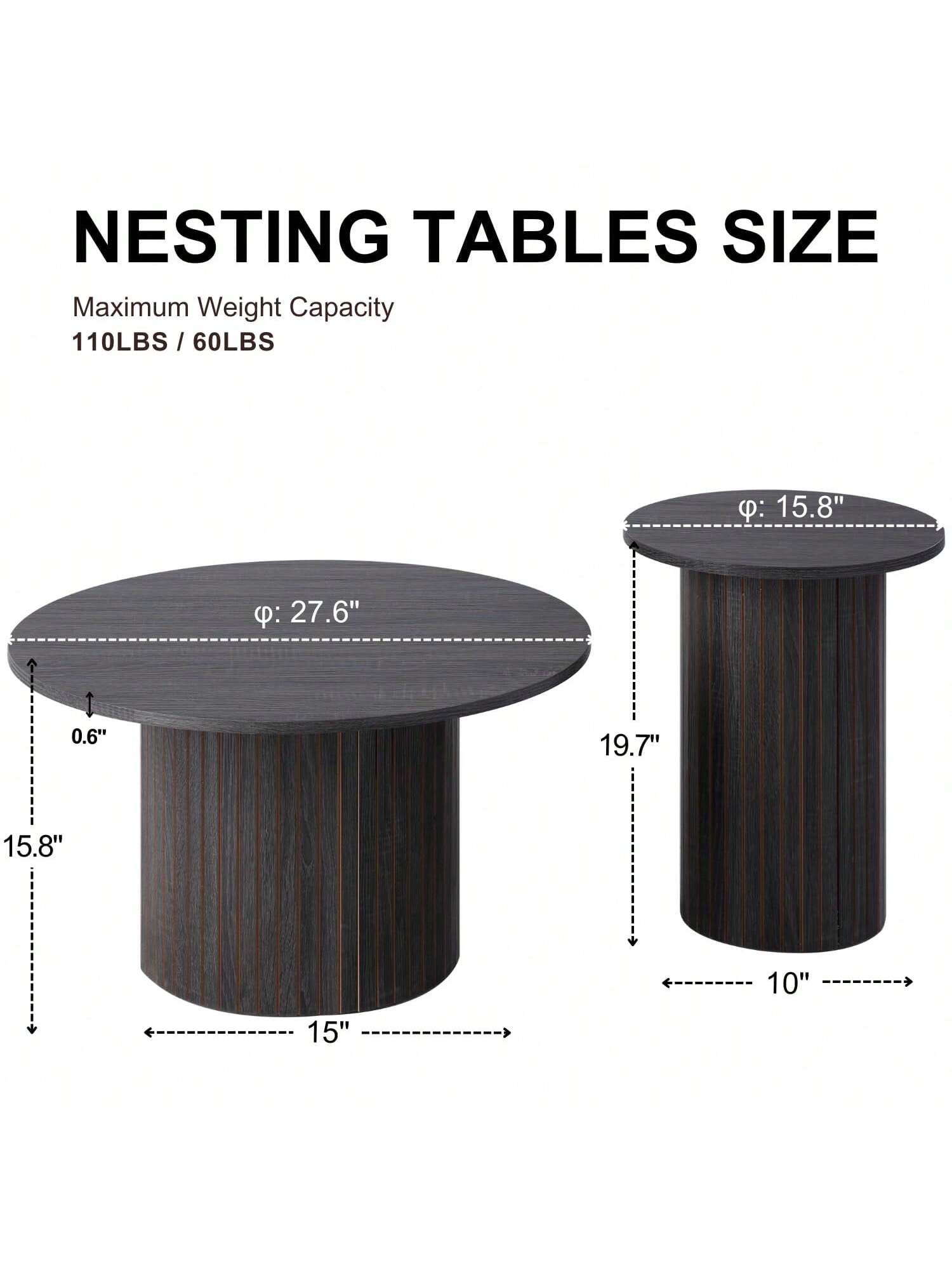 Round Nesting Coffee Tables Set Of 2, Boho Wood Circle Side Table Fluted Drum, Farmhouse End Table For Living Room Bedroom, Apartment