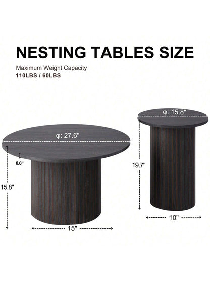 Round Nesting Coffee Tables Set Of 2, Boho Wood Circle Side Table Fluted Drum, Farmhouse End Table For Living Room Bedroom, Apartment