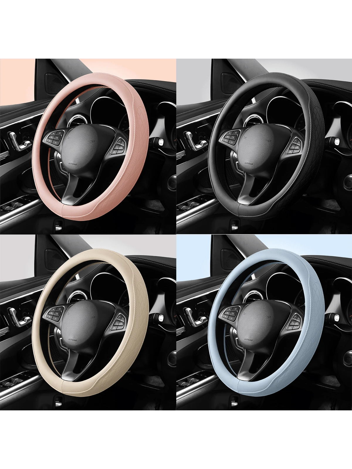 Round PU Leather Perforated Steering Wheel Cover Durable Leather Cover With Anti-Slip Lining, Fits 14.5-15in Diameter