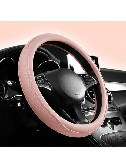 Round PU Leather Perforated Steering Wheel Cover Durable Leather Cover With Anti-Slip Lining, Fits 14.5-15in Diameter