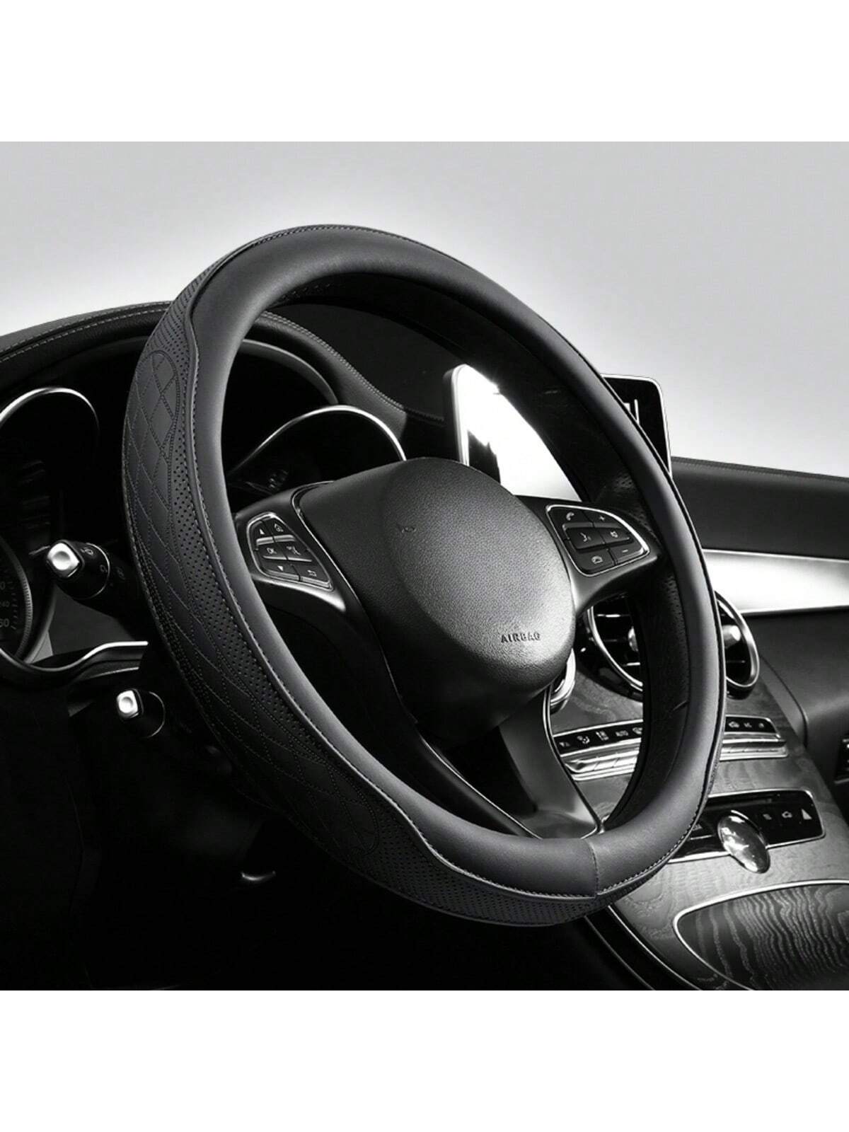 Round PU Leather Perforated Steering Wheel Cover Durable Leather Cover With Anti-Slip Lining, Fits 14.5-15in Diameter