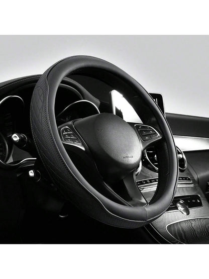 Round PU Leather Perforated Steering Wheel Cover Durable Leather Cover With Anti-Slip Lining, Fits 14.5-15in Diameter