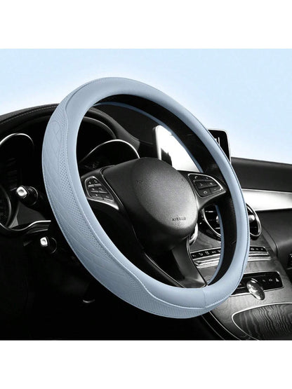 Round PU Leather Perforated Steering Wheel Cover Durable Leather Cover With Anti-Slip Lining, Fits 14.5-15in Diameter