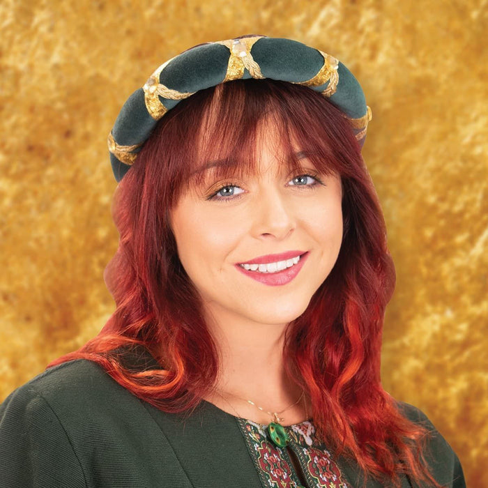 green soft cotton velvet padded head rolls are lavishly decorated, have stiff fiberfill and rear bow with ribbons