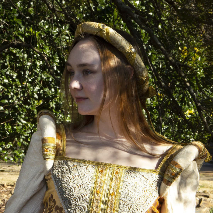 gold soft cotton velvet padded head rolls are lavishly decorated, have stiff fiberfill and rear bow with ribbons