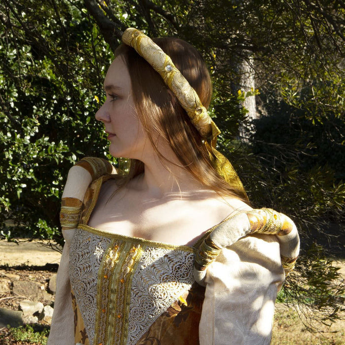 gold soft cotton velvet padded head rolls are lavishly decorated, have stiff fiberfill and rear bow with ribbons