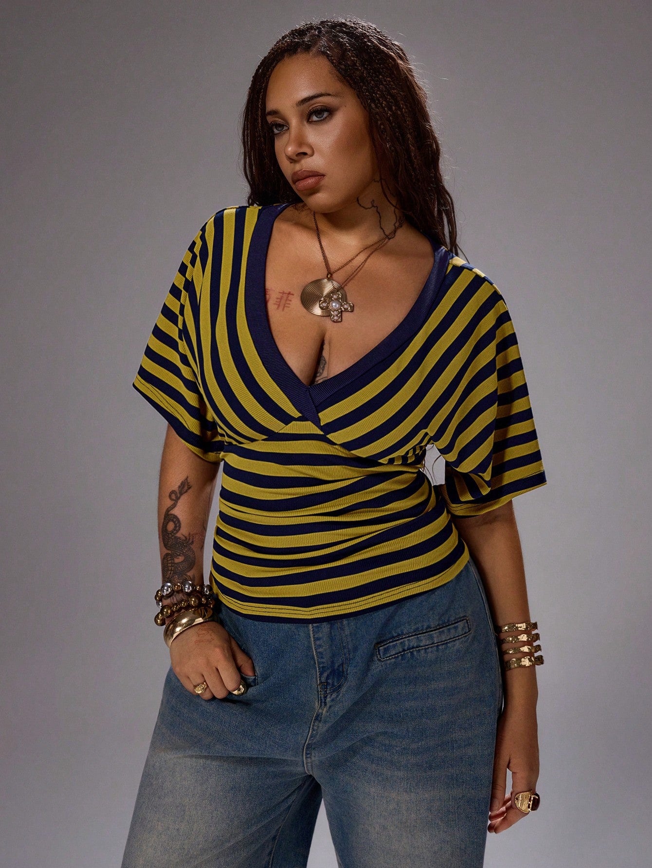 Rustia Plus Size Spring/Summer V-Neck Asymmetrical Striped Short Sleeve T-Shirt