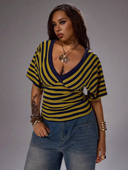 Rustia Plus Size Spring/Summer V-Neck Asymmetrical Striped Short Sleeve T-Shirt
