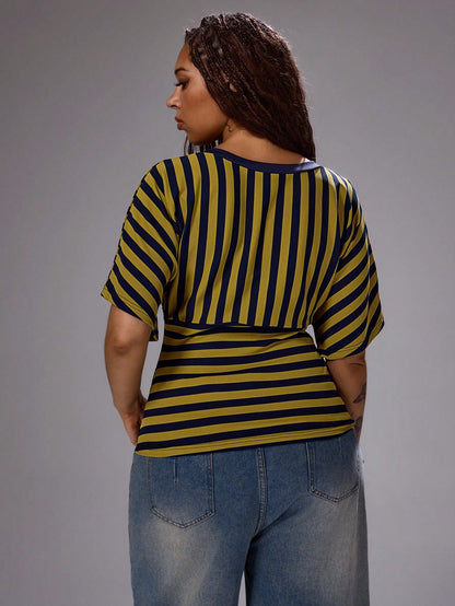 Rustia Plus Size Spring/Summer V-Neck Asymmetrical Striped Short Sleeve T-Shirt