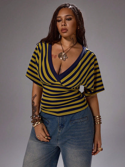 Rustia Plus Size Spring/Summer V-Neck Asymmetrical Striped Short Sleeve T-Shirt