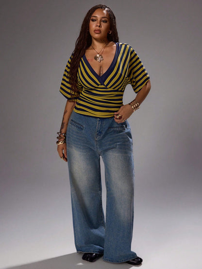 Rustia Plus Size Spring/Summer V-Neck Asymmetrical Striped Short Sleeve T-Shirt