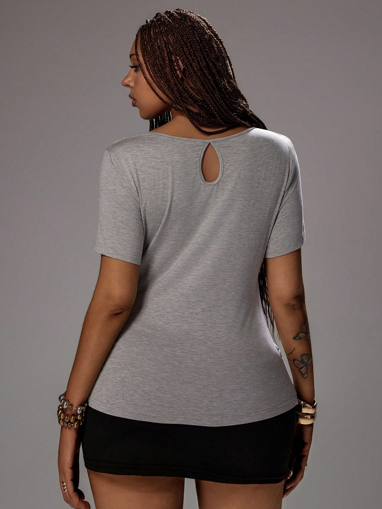 Rustia Plus Size Women's Gray T-Shirt, Elegant Square Neck Crossed Front Short Sleeve T-Shirt, Graceful And Generous Short Sleeve Summer 2 In 1 Gathered Waist Slim Fit Multi-Layer Flared Collar Casual