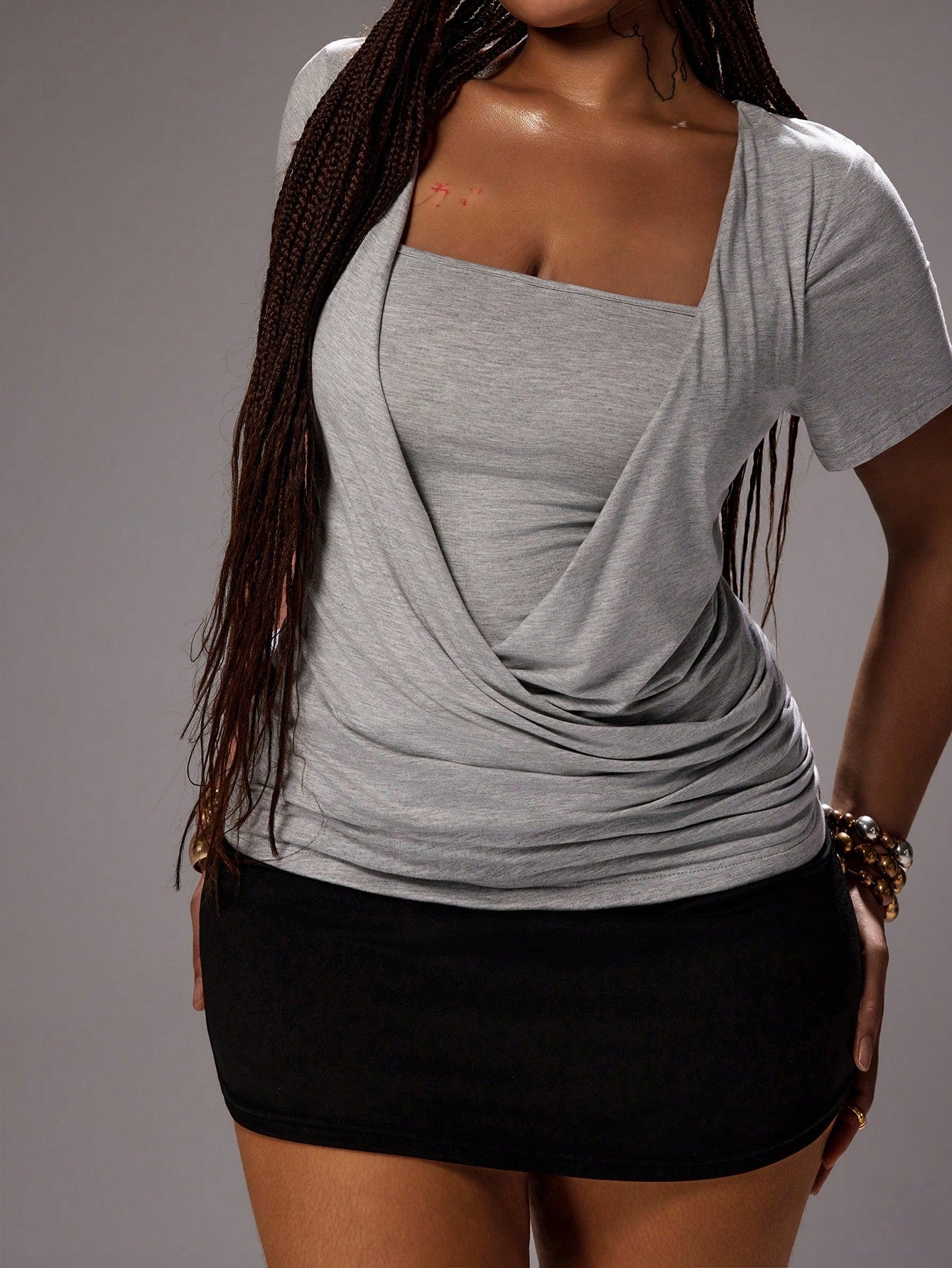 Rustia Plus Size Women's Gray T-Shirt, Elegant Square Neck Crossed Front Short Sleeve T-Shirt, Graceful And Generous Short Sleeve Summer 2 In 1 Gathered Waist Slim Fit Multi-Layer Flared Collar Casual