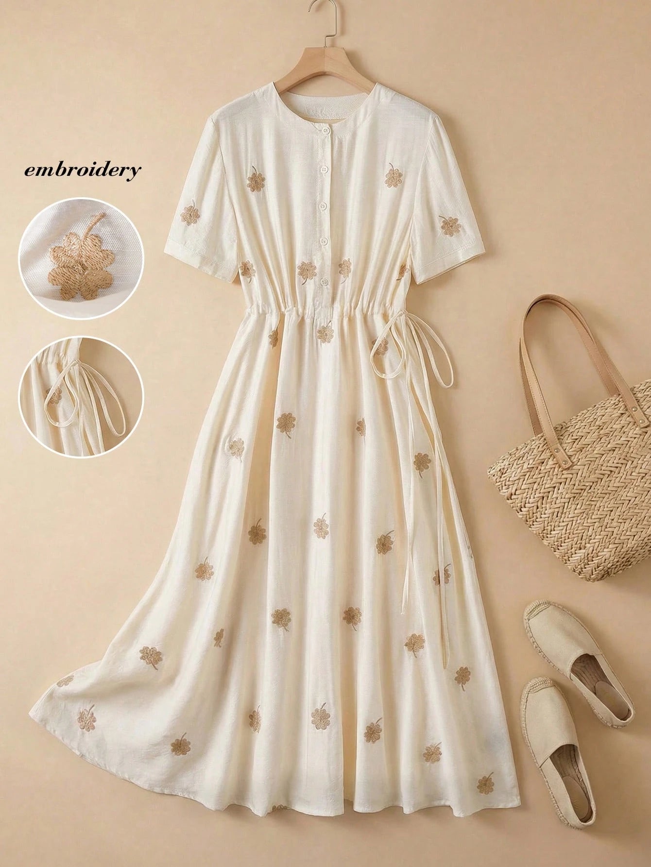 Rusticease Floral & Four-Leaf Clover Embroidered Drawstring Waist Long Summer Dress For Women,White Floral Modest Holiday Picnic Elegant Cottagecore Dresses