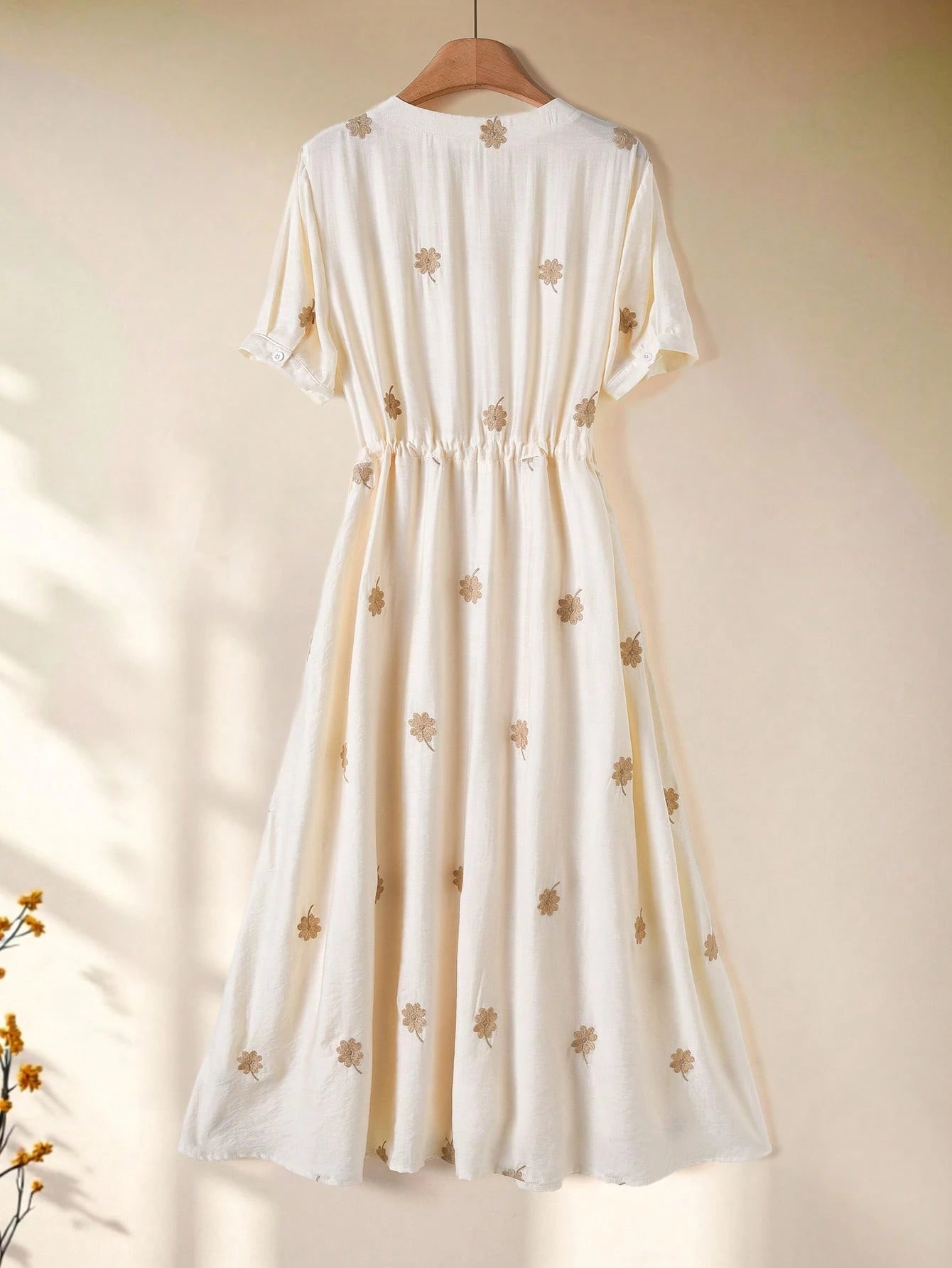 Rusticease Floral & Four-Leaf Clover Embroidered Drawstring Waist Long Summer Dress For Women,White Floral Modest Holiday Picnic Elegant Cottagecore Dresses