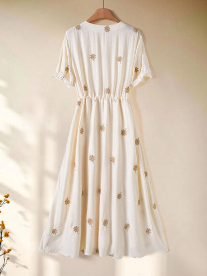 Rusticease Floral & Four-Leaf Clover Embroidered Drawstring Waist Long Summer Dress For Women,White Floral Modest Holiday Picnic Elegant Cottagecore Dresses