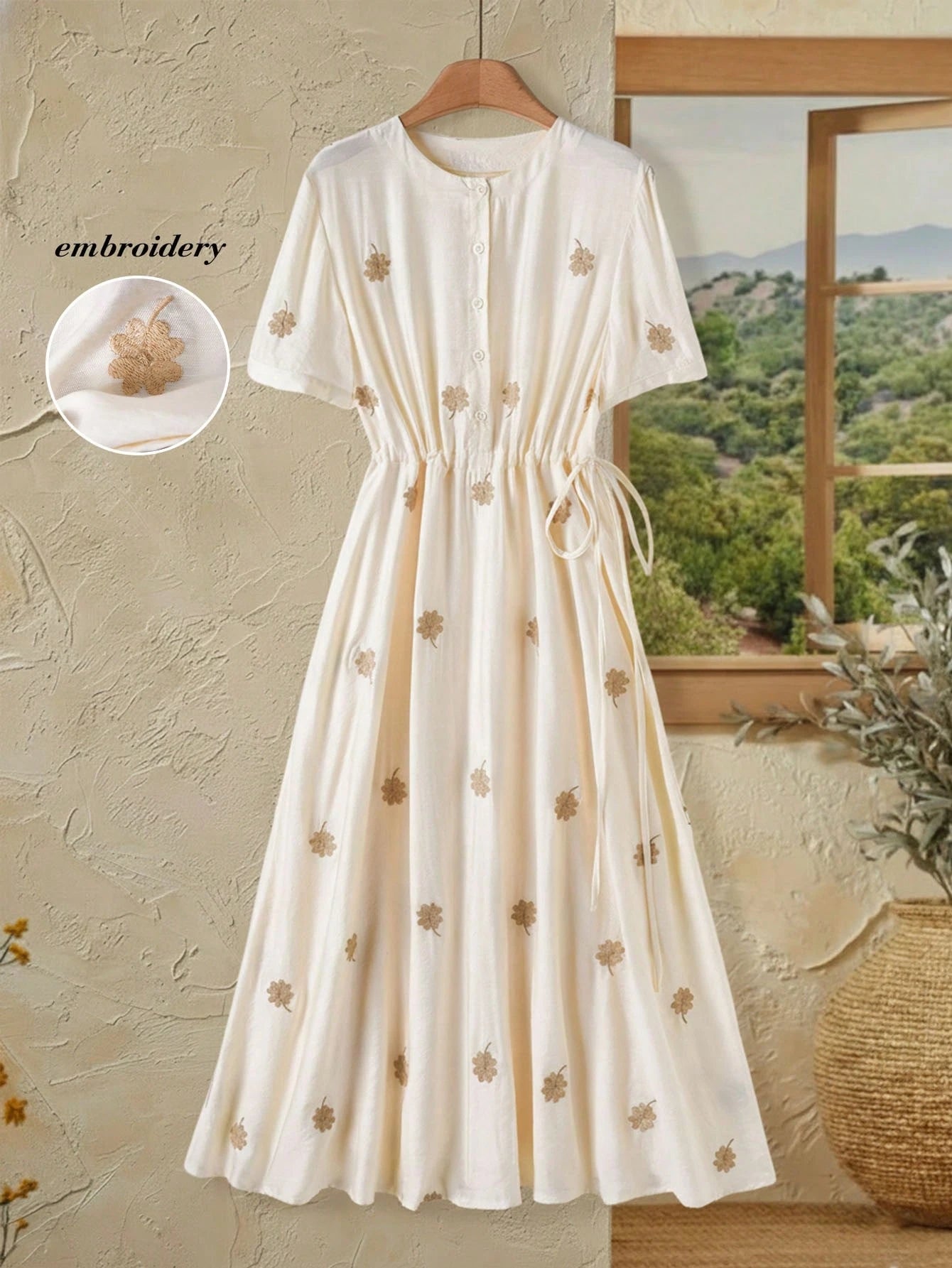 Rusticease Floral & Four-Leaf Clover Embroidered Drawstring Waist Long Summer Dress For Women,White Floral Modest Holiday Picnic Elegant Cottagecore Dresses