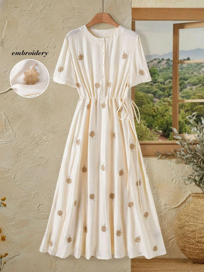 Rusticease Floral & Four-Leaf Clover Embroidered Drawstring Waist Long Summer Dress For Women,White Floral Modest Holiday Picnic Elegant Cottagecore Dresses
