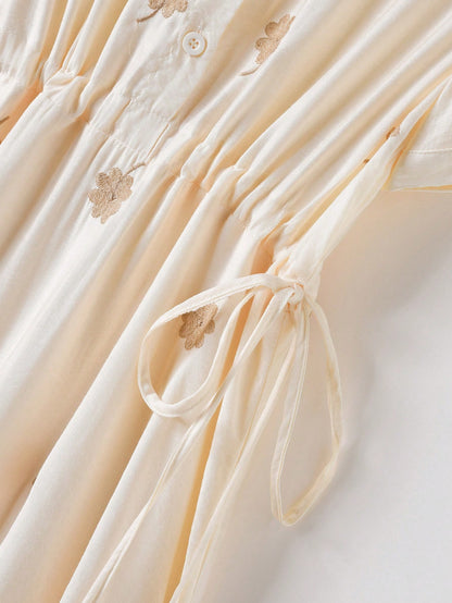 Rusticease Floral & Four-Leaf Clover Embroidered Drawstring Waist Long Summer Dress For Women,White Floral Modest Holiday Picnic Elegant Cottagecore Dresses