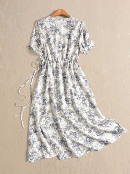 Rusticease Floral & Four-Leaf Clover Embroidered Drawstring Waist Long Summer Dress For Women,White Floral Modest Holiday Picnic Elegant Cottagecore Dresses