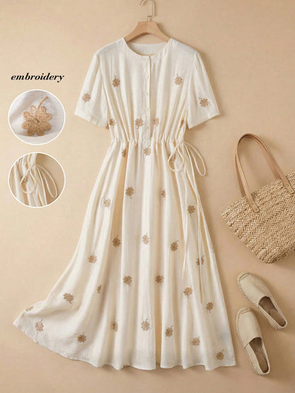 Rusticease Floral & Four-Leaf Clover Embroidered Drawstring Waist Long Summer Dress For Women,White Floral Modest Holiday Picnic Elegant Cottagecore Dresses