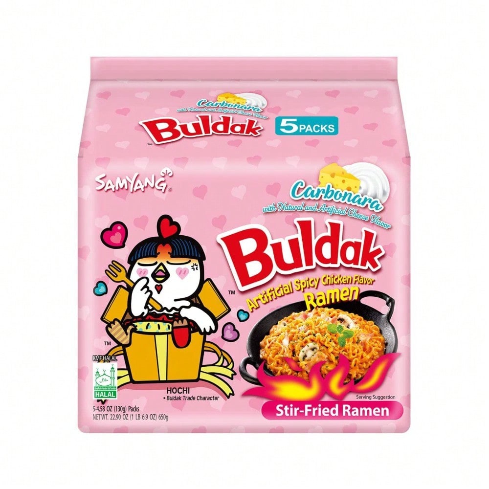 Samyang Buldak Spicy Ramen, Hot Chicken Ramen, Korean Stir-Fried Instant Noodle, Carbonara, 1 Bag With 5 Pack