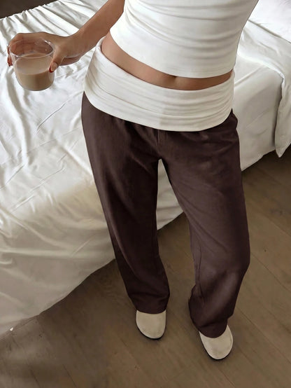 SCARLUX Summer & Autumn Y2K Women's Solid Brown Flare Pants, Folded Low Waist Casual Long Pants, Suitable For Back To School Streetwear