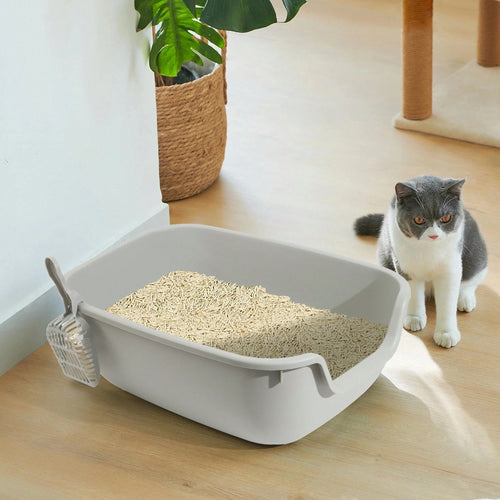Semi-Enclosed Litter Box With Litter Scoop, Splash-Proof Open Design, Large Capacity Plastic Litter Box, Easy To Clean, Suitable For Small To Medium-Sized Pets.