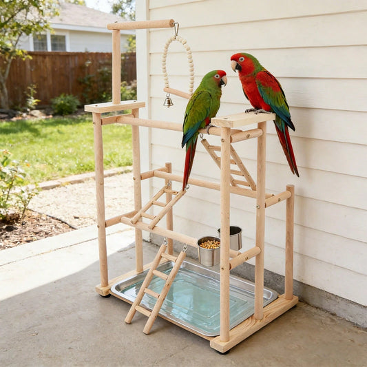 SENDERPICK 3 Layer Parrot Stand, Wood Bird Perch Freestanding Birds Play Gym Play Stand With Swing, Ladders, Feeding Cups & Removable Tray, Bird Playground For Cockatiels & Small Birds