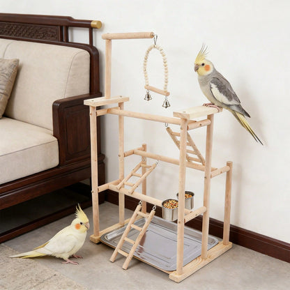 SENDERPICK 3 Layer Parrot Stand, Wood Bird Perch Freestanding Birds Play Gym Play Stand With Swing, Ladders, Feeding Cups & Removable Tray, Bird Playground For Cockatiels & Small Birds
