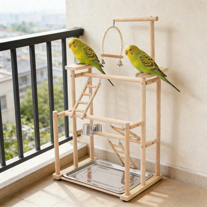 SENDERPICK 3 Layer Parrot Stand, Wood Bird Perch Freestanding Birds Play Gym Play Stand With Swing, Ladders, Feeding Cups & Removable Tray, Bird Playground For Cockatiels & Small Birds