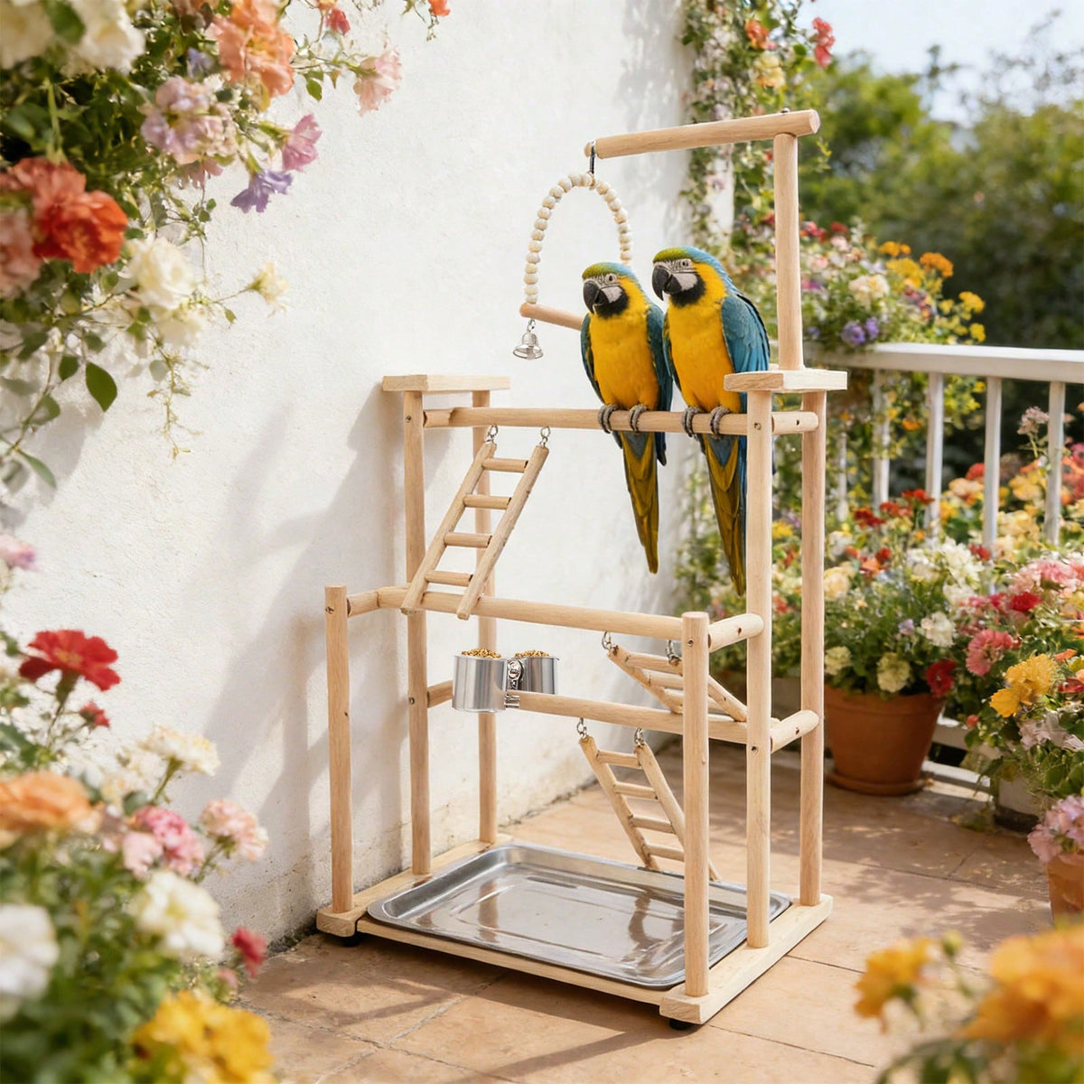 SENDERPICK 3 Layer Parrot Stand, Wood Bird Perch Freestanding Birds Play Gym Play Stand With Swing, Ladders, Feeding Cups & Removable Tray, Bird Playground For Cockatiels & Small Birds