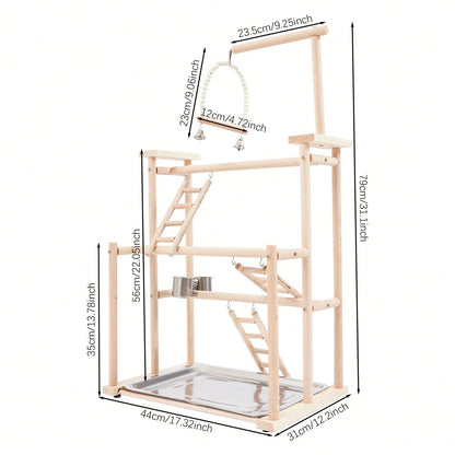 SENDERPICK 3 Layer Parrot Stand, Wood Bird Perch Freestanding Birds Play Gym Play Stand With Swing, Ladders, Feeding Cups & Removable Tray, Bird Playground For Cockatiels & Small Birds