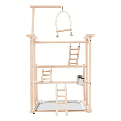 SENDERPICK 3 Layer Parrot Stand, Wood Bird Perch Freestanding Birds Play Gym Play Stand With Swing, Ladders, Feeding Cups & Removable Tray, Bird Playground For Cockatiels & Small Birds